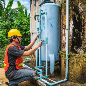 Plumber repairing outdoor water system